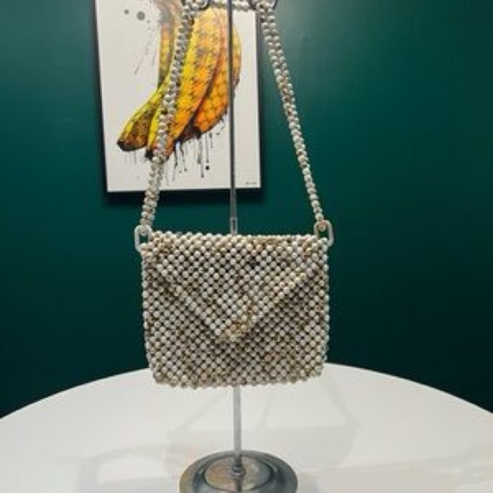 Rachel Ashwell Beaded Marble Beads Bag Purse Shoulder Cream Boho Cream Tan Beach